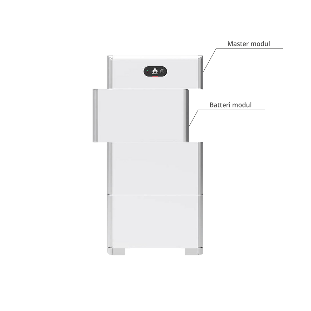 Huawei batteri til solcelleanlæg i minimalistisk design set i de forskellige moduler for at illustrere at batteriet er justerbar